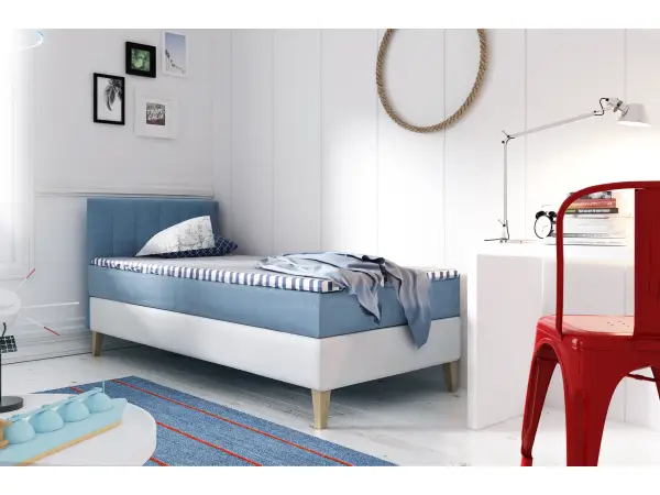 INTARO A10 pojedyncze łóżko kontynentalne z materacem 90x200, zagłowie tapicerowane z pionowymi przeszyciami, z pojemnikiem,  nóżki dębowe